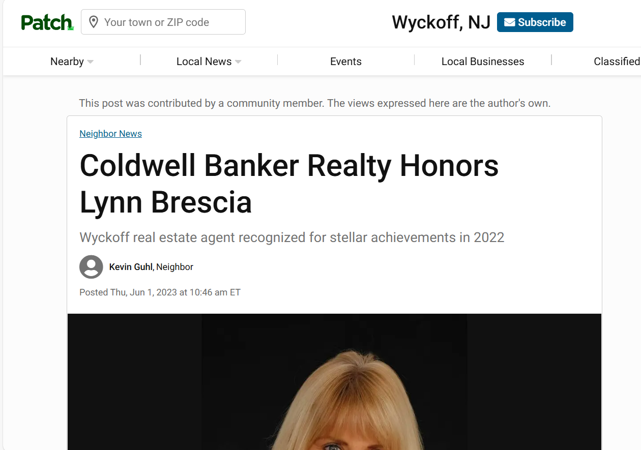 in the media carole lynn brescia patch.com: Coldwell Banker Realty Honors CAROLE 'Lynn' Brescia for stellar achievements