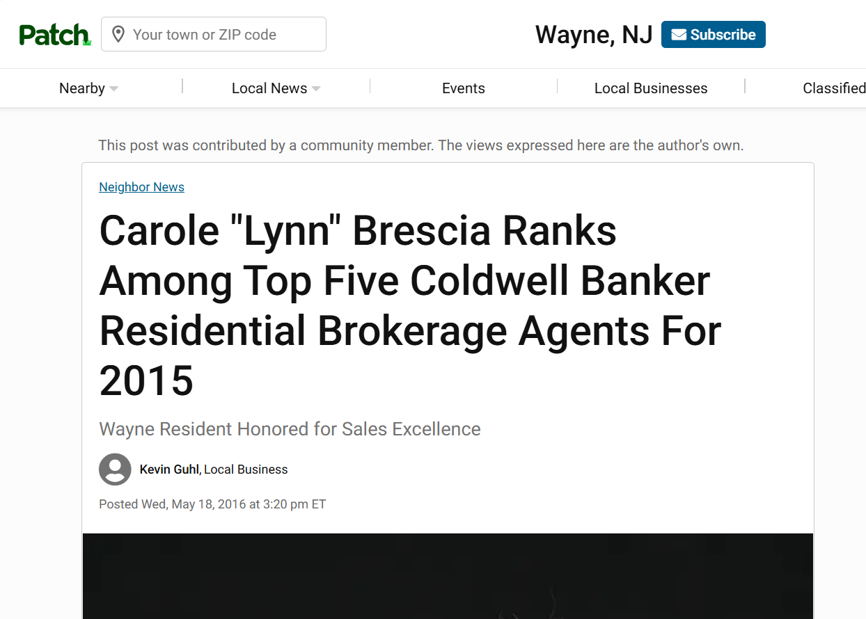 In the media carole lynn brescia Ranks Among Top Five Coldwell Banker Residential Brokerage Agents For 2015 patch.com
