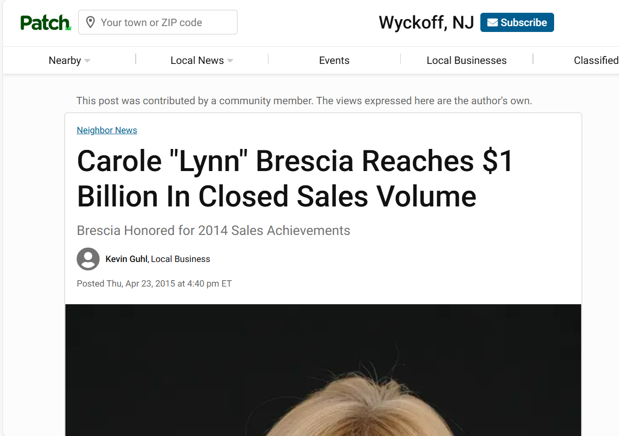 in the media patch.com Carole "Lynn" Brescia Reaches $1 Billion In lifetime Closed Sales Volume