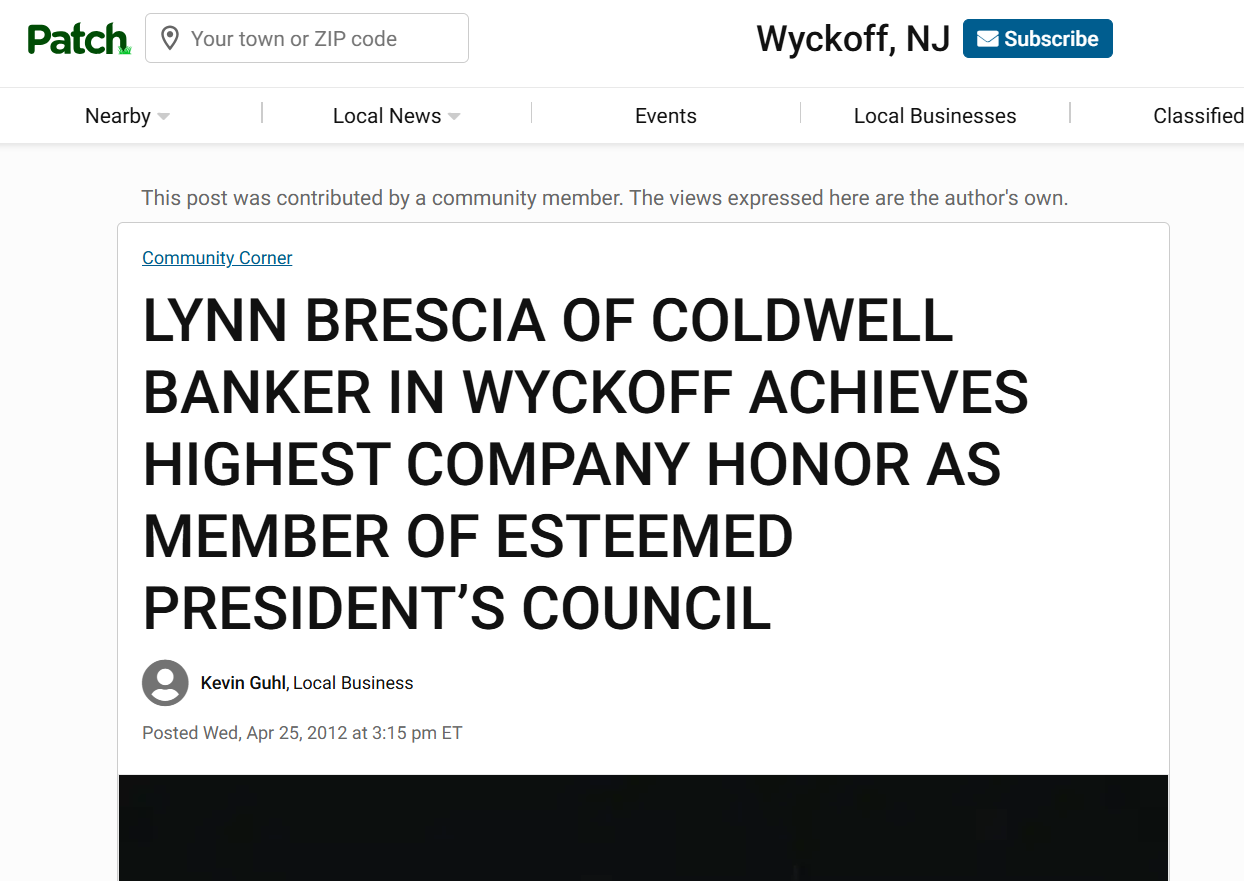 in the media carole lynn brescia OF COLDWELL BANKER IN WYCKOFF ACHIEVES HIGHEST COMPANY HONOR AS MEMBER OF ESTEEMED PRESIDENT’S COUNCIL patch.com